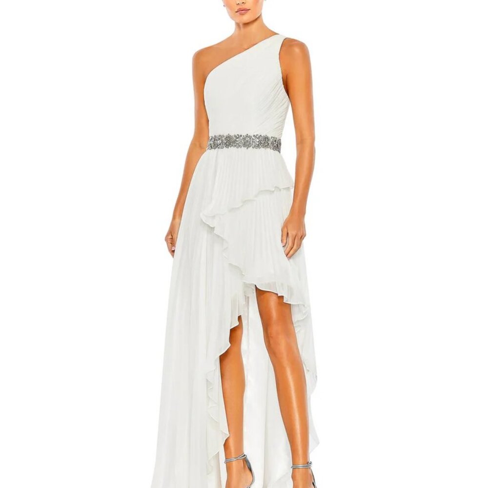 Mac Duggal White Pleated One Shoulder Asymmetrical Ruffle Hem Gown